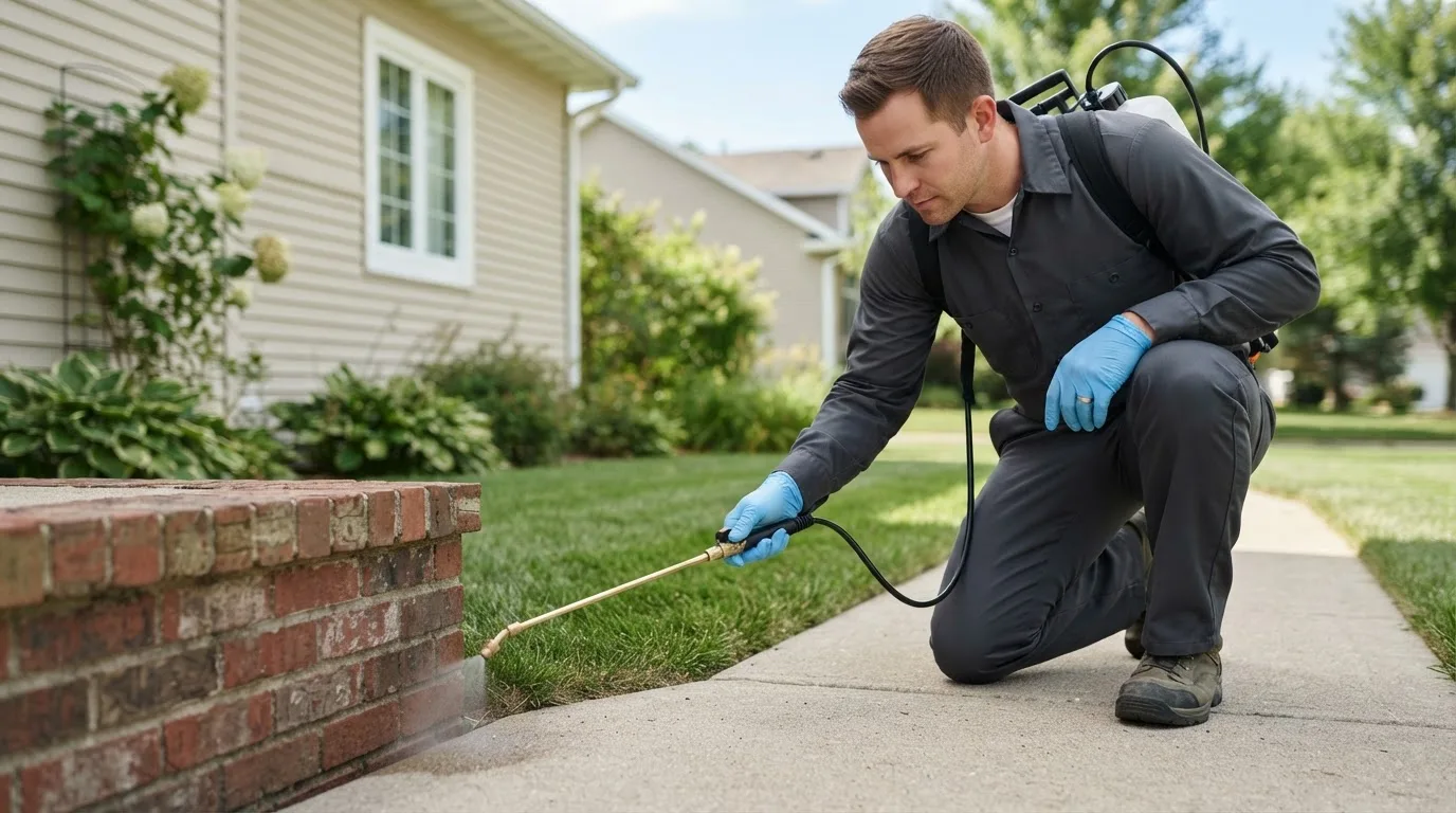 Pest control technician treating a home near Fleetwood, NC
