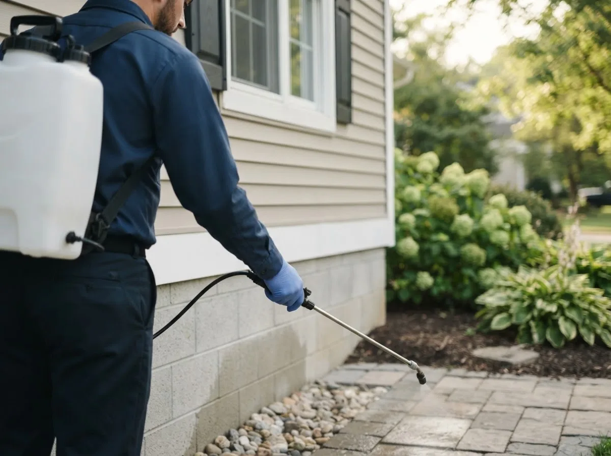 Pest control technician inspecting a home in Fleetwood, NC